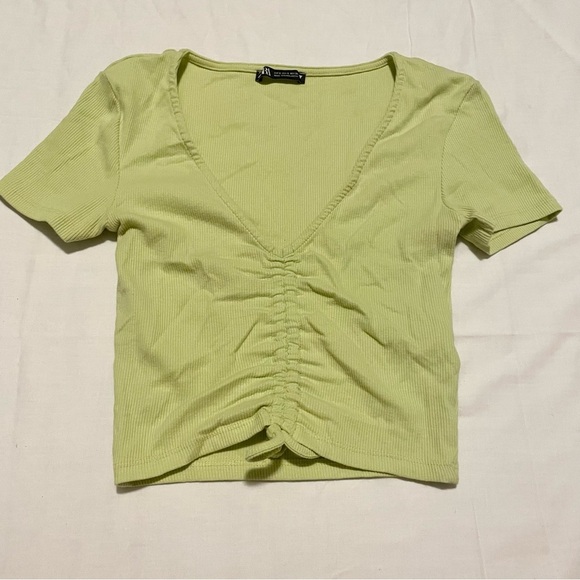 Zara Drawstring Scrunched V-Neck Cropped Ribbed T-Shirt Small - Picture 16 of 16